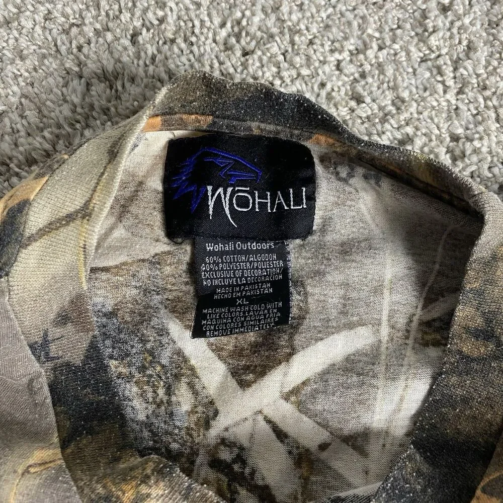 Vintage Wohali Outdoors Forest Camo Print T-shirt Size XL Hunting Fishing